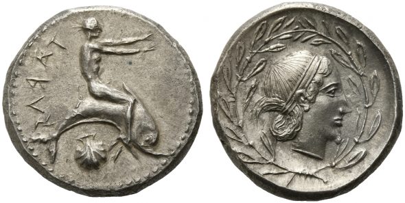 Nomos di Tarentum, 470-450 a.C. Sul fronte Taras a cavallo di un delfino Sul retro ritratto femminile circondato da una ghirlanda di ulivo. Base d’asta 16.800 euro Venduto per 50.900 euro Record mondiale per questa tipologia di moneta