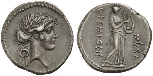 Denario di Quinto Pomponio Musa, Roma, 66 a.C. Sul fronte testa di Apollo, sul retro la Musa Erato Base d’asta 9.000 euro Venduto per 45.240 euro Record mondiale per questa tipologia di moneta.