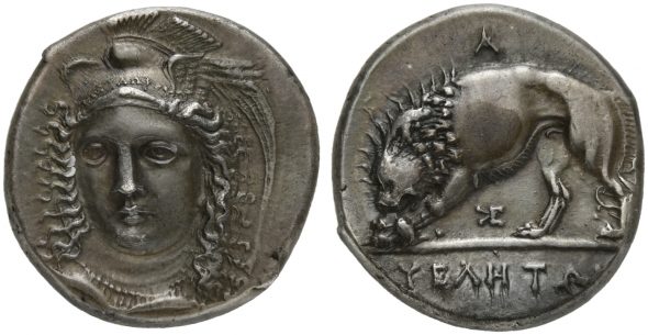 Didramma di Velia firmato da Kleudoros, 334-300 a.C. Sul fronte testa di Atena Sul retro leone che divora una preda Base d’asta 1.350 euro Venduta per 19.080 euro Record mondiale per questa tipologia di moneta
