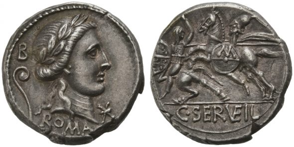Denario di Caio Servilio Vata, Roma, 82-80 a.C. Base d’asta 1.350 euro Venduto per euro 12.000 Record mondiale per questa tipologia di moneta