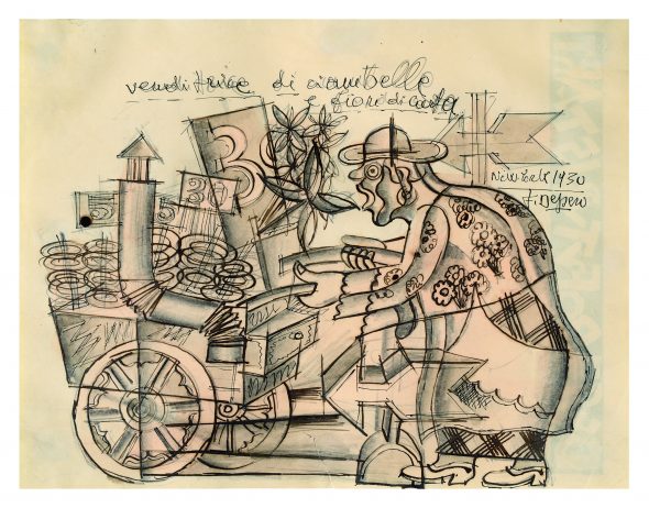 Fortunato DeperoVenditrice di ciambelle e fiori di carta, 1930Inchiostro, matita grafite e acquerello su carta, 21.5 x 27.9 cm