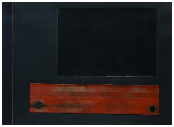 Carol RamaSenza titolo, 1977Camera d'aria, vinilpelle e matita colorata su cartoncino nero, 50.3 x 69.2 cm