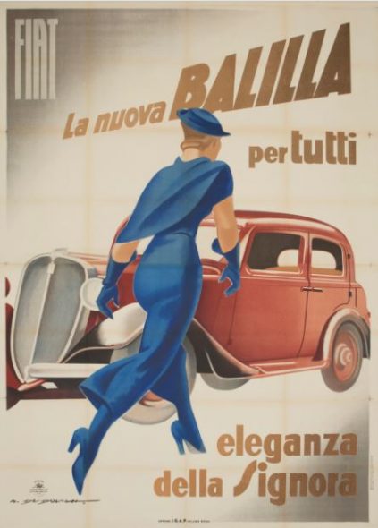 FIAT LA NUOVA BALILLA. ELEGANZA DELLA SIGNORA MARCELLO DUDOVICH Affisso litografico originale, 1934 Cm 200x140 Stima € 7.000/14.000
