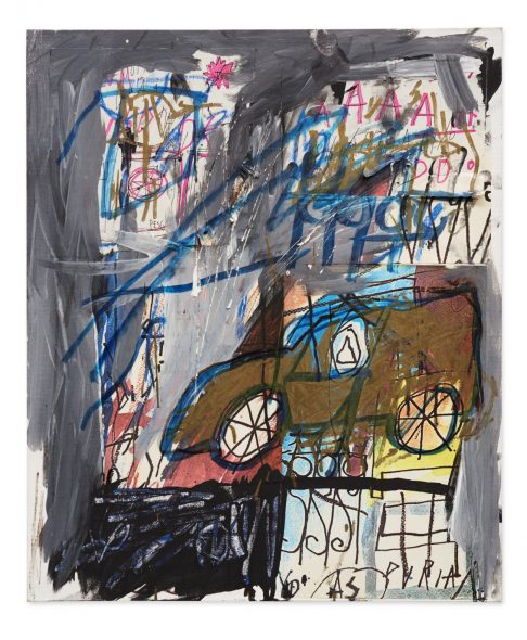 JEAN-MICHEL BASQUIAT UNTITLED acrilico, pastelli a cera, pennarello e collage su tela cm 61x51 Eseguito nel 1981 PROVENANCE: Tornabuoni Arte, Firenze, Londra, Parigi Ivi acquistato negli anni Novanta EXHIBITED: Losanna, Musée d’Art Contemporain, Jean-Michel Basquiat, 1993, p. 29 Parigi, Galerie Enrico Navarra, Jean-Michel Basquait, 1996 LITERATURE: Richard D. Marshal, Jean-Louis Prat, Jean-Michael Basquiat, Parigi 1996, vol. I, p. 31, illustrato Acrylic, oilstick, marker and paper collage on canvas. Executed in 1981. EST. 300.000 – 400.000