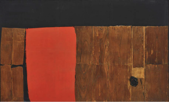 Alberto Burri Grande Legno e Rosso , Executed in 1957-1959 (150 x 250 cm.) Estimate: $10-15 million