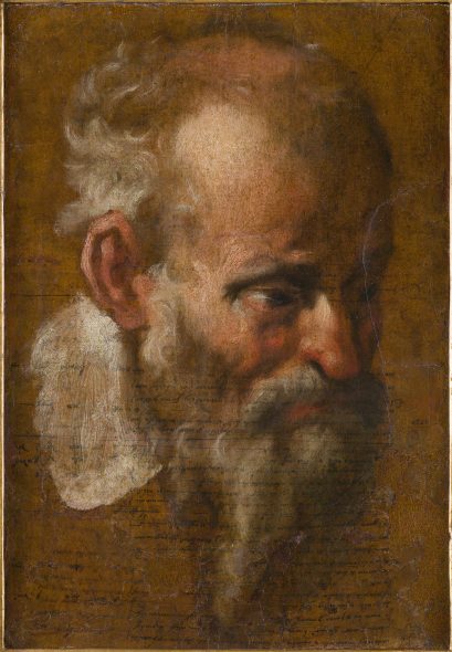 ANNIBALE CARRACCI (Bologna 1560 - 1609 Roma) Studio di testa maschile Olio su carta con inchiostro marrone, applicato su tela, 41 x 28.5 cm
