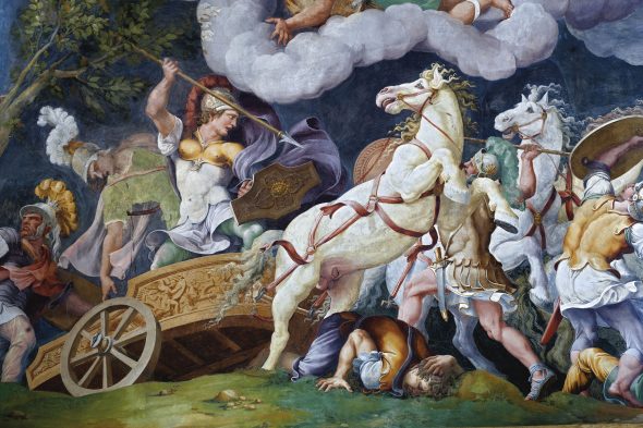 iulio Romano e bottega, Diomede combatte Fegeo e Ideo, Mantova, Palazzo Ducale, Sala di Troia