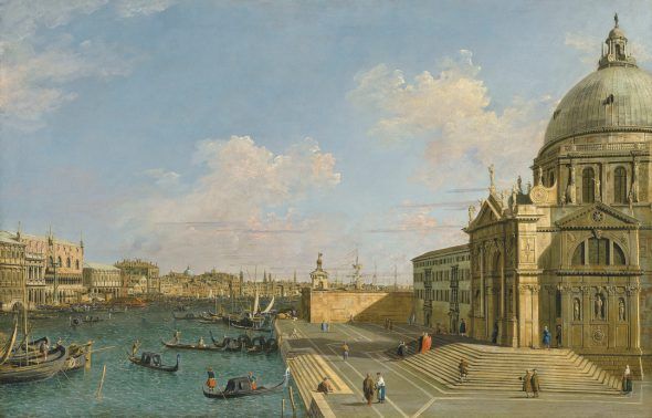 GIOVANNI ANTONIO CANAL, DETTO CANALETTO (Venice 1697-1768) Venezia, l’ingresso al Canal Grande guardando verso Est Olio su tela, 73,1 x 112,4 cm