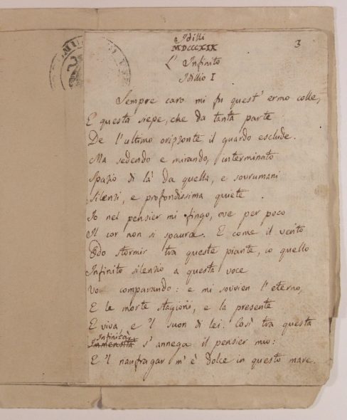 Giacomo Leopardi, L’Infinito, manoscritto autografo, 1819, Visso, Museo Comunale
