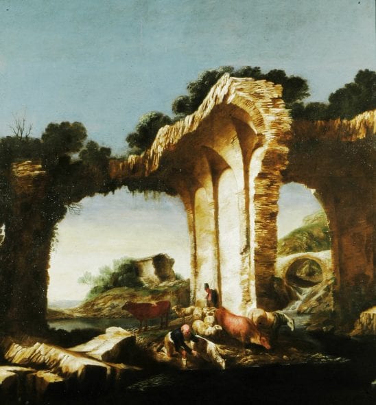 Lotto 413 (183853) Antonio Travi (1608-1665) Paesaggio con archietture, animali e pastori olio su tela, cm 195x172, in cornice dorata a sagoma romana Stima € 8.000 - 10.000