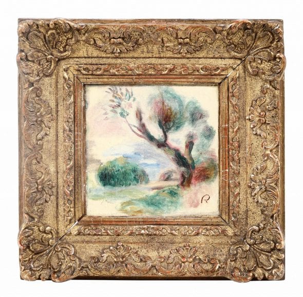Pierre-Auguste Renoir (1841-1919) olio su tela applicato su tavoletta, cm 14,5x14,5 monogrammato con iniziale R in basso a destra