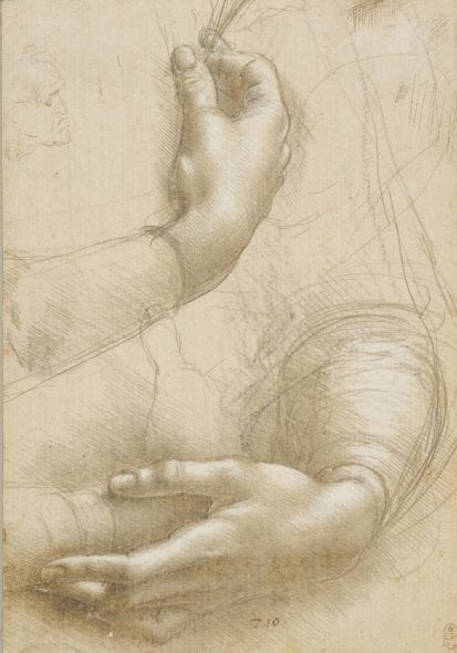 Leonardo da Vinci, Braccia e mani femminili; Testa maschile in profilo, 1474-1486 circa, Castello di Windsor, Royal Library, The Royal Collection Trust, © Her Majesty Queen Elizabeth II 2019
