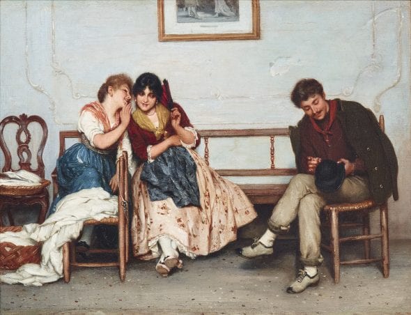 Eugen von Blaas (1843 - 1931), Segreti, olio su tela, 40 x 54 cm, asta 29 aprile 2019, stima € 25.000 - 35.000