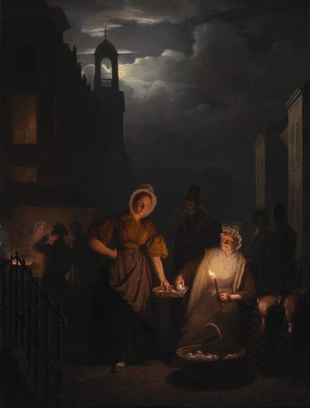 Petrus van Schendel (1806 - 1870) Una scena di mercato notturna a Rotterdam, olio su tavola, 66 x 51 cm, asta 29 aprile 2019, stima € 100.000 - 150.000