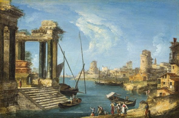 Michele Marieschi: Capriccio con marina e rovine classiche, olio su tela, cm 48,2 x 73,2