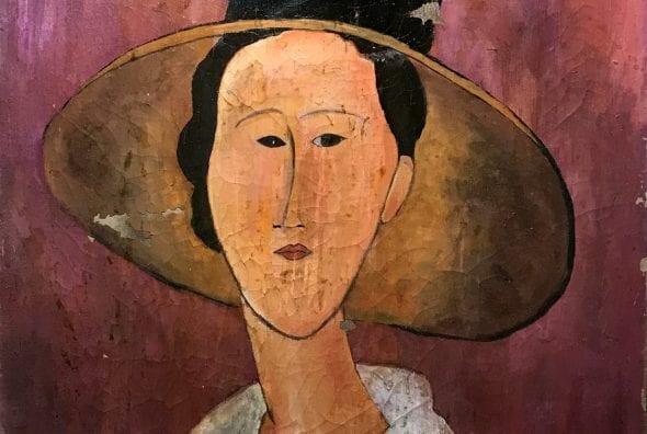 Particolare di Donna col capello, uno dei Modigliani falsi sequestrati dai Carabinieri