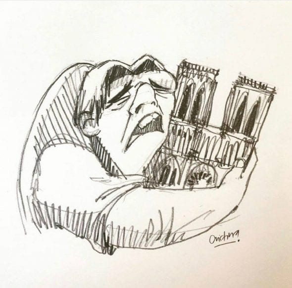 Quasimodo abbraccia la cattedrale di Notre Dame