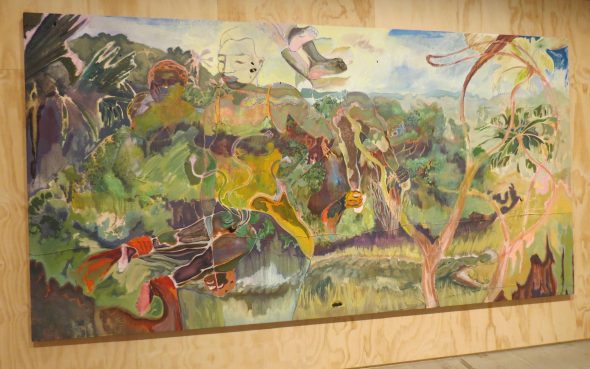 Michael Armitage, The paradise edict, 2019 olio su corteccia di albero di Lubugo courtesy l'Artista