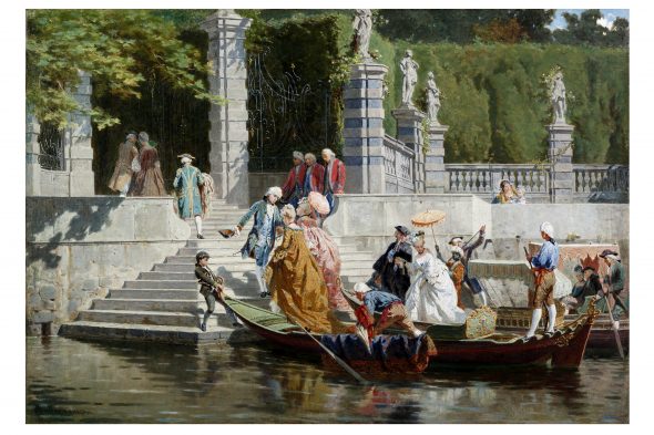 Bartolomeo Giuliano, L'arrivo degli invitati, ricevimento a Villa Carlotta, Lago di Como , 187 6 olio su tela, 61 x 88,5 cm Collezione privata