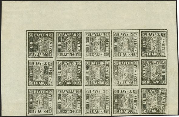 Quindici francobolli della prima emissione di Baviera del 1849 uno dei quali – il decimo-, con valore e scritte rovesciate. Stima 200.000, realizzo 500.000 euro.