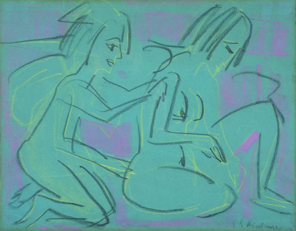 ERNST LUDWIG KIRCHNER Aschaffenburg 1880 - Frauenkirch 1938 Zwei Knieende Madchenakte (Nudes Pastorale), 1920 Tecnica mista su carta blu, cm 35,5 x 46 Firmato in basso a destra- sul retro timbro dell'artista 'Nachlass E.L.Kirchner' Stima € 50.000 - 70.000