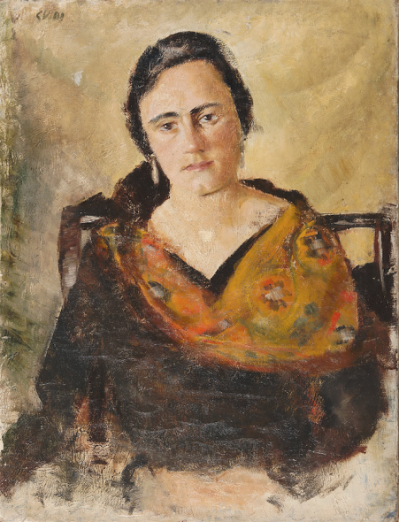 VIRGILIO GUIDI (Roma 1891 - Venezia 1984) Ritratto di donna con scialle, anni ‘20 Olio su tela, cm. 70 x 53 Firma in alto a sinistra E 1500-1800