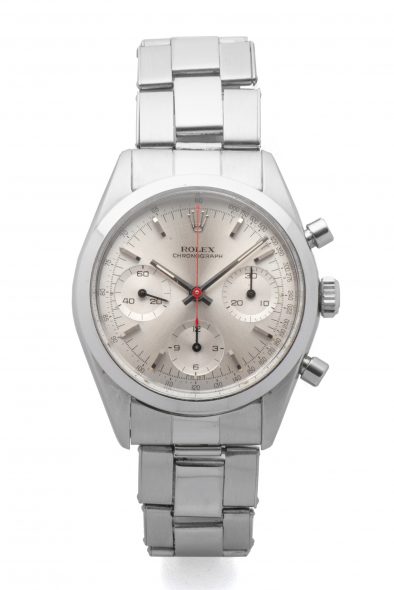 LOT 103 ROLEX, REF. 6238, PRE-DAYTONA, GEORGE LAZENBY « JAMES BOND », STEEL Fine and extremely rare, stainless steel, manual-winding wristwatch with silver dial, three registers and red chronograph hand. Rarissime et superbe chronographe en acier. Boîtier rond. Couronne et fond vissés. Cadran argent avec trois compteurs. Trotteuse centrale du chronographe rouge. Mouvement mécanique manuel. Brand Rolex Reference 6238 Year Circa 1965 Calibre  722 Case No. 1206513 Bracelet  Rolex Oyster riveted stainless steel 7205/06 Dimensions 36 mm Signature Case, dial and movement Accessories Original invoice from Bucherer, Christie’s London sale purchase invoice, Bijoux Signés Ltd. purchase invoice, black and white picture of a scene of the motion picture with Caterina Von Shell and George Lazenby. EUR 300,000 - 500,000