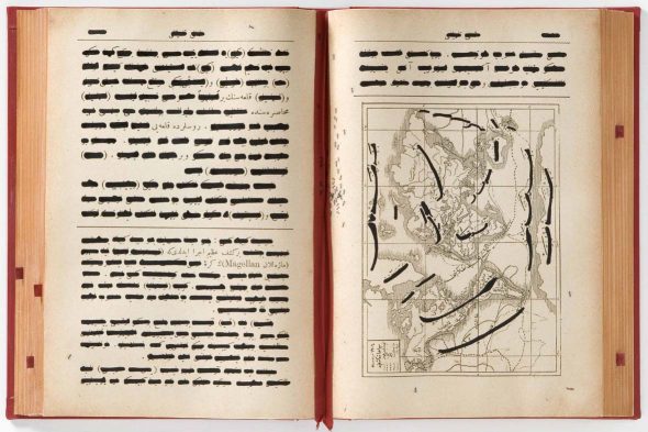 Emilio Isgrò: Codice ottomano delle tempeste, 2010, acrilico su libro in box di legno e plexiglass CM 57,5 x 82,5 x 13