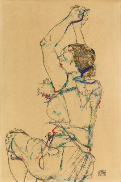 Egon Schiele (1890 - 1918) Donna con le braccia levate, 1914, gouache, acquerello, matita su carta, 48,5 x 32,3 cm, stima € 900.000 - 1.600.000
