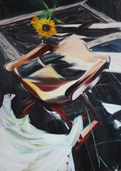 Andrea Fontanari, Velo con sedia e girasole, 2018, olio su lino,152 x 217 cm