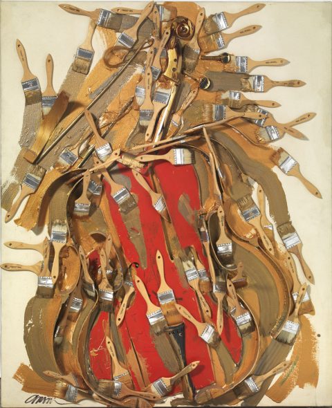 Arman, Sans titre, 1998, violoncello sezionato, pennelli e acrilico su tela su tavola, cm 122x102x15.