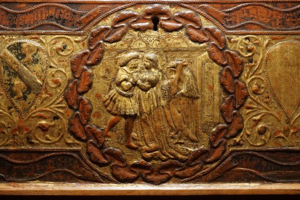 Facciata anteriore cofano nuziale, Novella dell'aquila d'oro, 1450 circa