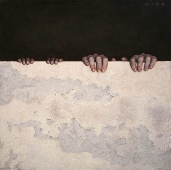 Dan Witz, Kilroy Square (two hands), oil on panel, 2018-LD