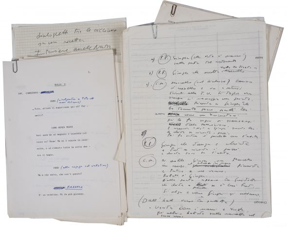 Lotto 219 FEDERICO FELLINI Trentatre manoscritti e dattiloscritti su carta per il film 'Ginger e Fred',1985 (33) Con note e disegni del Maestro Stima € 4.800 - 5.200