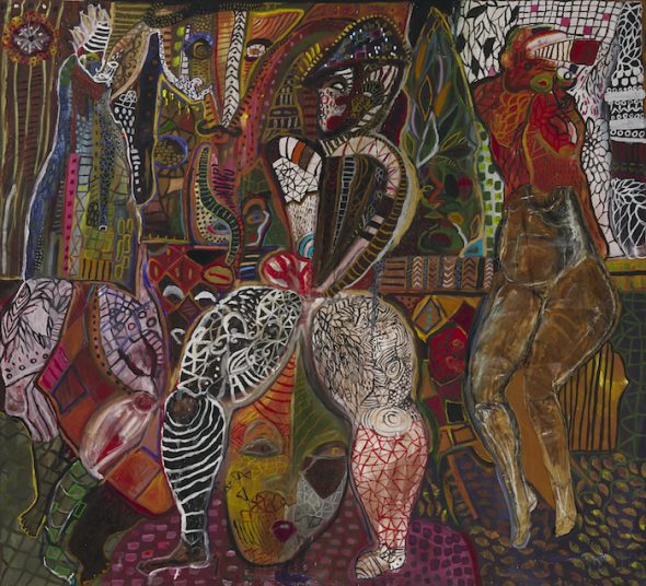 Mona Osman, No Such Thing As Black and White, Just a Multicoloured Anatomy, 2019, olio e tecnica mista su tela, 210 x 255 cm © the artist. Courtesy C&C Gallery, London