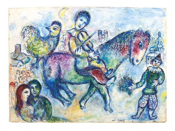 Marc Chagall (Vitebsk 1887 - Saint-Paul-de-Vence 1985) MUSICIEN VOYAGEUR 1971 firmato in basso a destra matita, penna, inchiostro nero e colorato, pastello e gouache su cartone mm 584x796