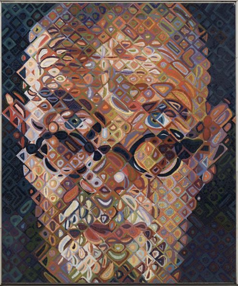 Chuck Close, Self-portrait, Subway Portraits, 2017 Hand-glazed ceramic mosaic 4' 8 x 5' 9 fabricated by Mosaika Art & Design NYCT Second Avenue–86th Street Station Commissioned by Metropolitan Transportation