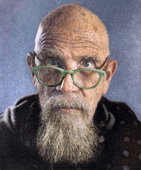 Chuck Close, Self-Portrait (Jade Glasses)/Mosaic, 2019. Hyper-realistic, stained glass, 78 x 65” fabricated by Mosaika Art & Design