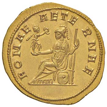 Coniato a Ticinium, l’attuale Pavia, questo aureo di Tacito col suo ritratto laureato e Roma eterna, è proposto a 20.000 euro.