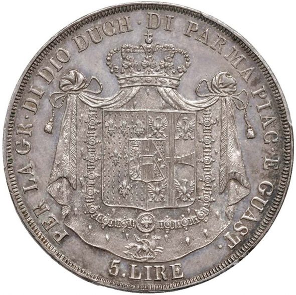 Per ricordare la morte di Napoleone, un tempo suo marito, nel 1821 Maria Luigia di Parma 1821 fece coniare tre esemplari delle 5 lire d’argento.Un esemplare di questo prezioso conio è proposto a 250.000 euro.