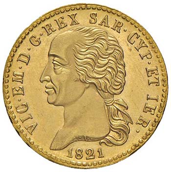 Vittorio Emanuele I sull’aureo da 20 lire del 1821, forse il migliore esemplare conosciuto di questa moneta. Nomisma accetta offerte a partire da 150.000 euro.