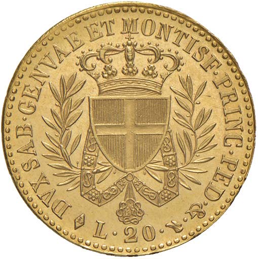 Vittorio Emanuele I sull’aureo da 20 lire del 1821, forse il migliore esemplare conosciuto di questa moneta. Nomisma accetta offerte a partire da 150.000 euro.