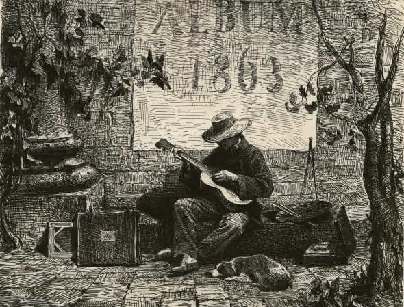 Antonio Fontanesi Frontispice de l’Album 1863 1863 Cliché-verre (à la pointe sur papier au charbon?) - 135 × 174 mm Ginevra, Musées d’art et d’histoire