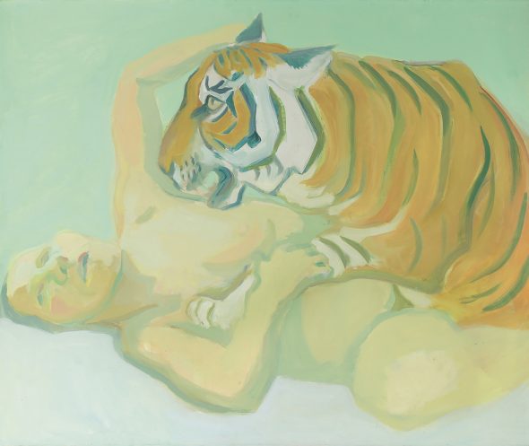 Maria Lassnig, Sleeping with a Tiger, 1975. Maria Lassnig Foundation