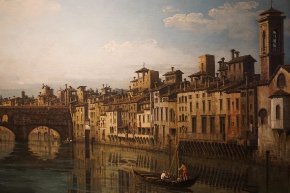 dettaglio dell'opera L'Arno verso il Ponte Vecchio, Firenze, Bernardo Bellotto, 1743-44