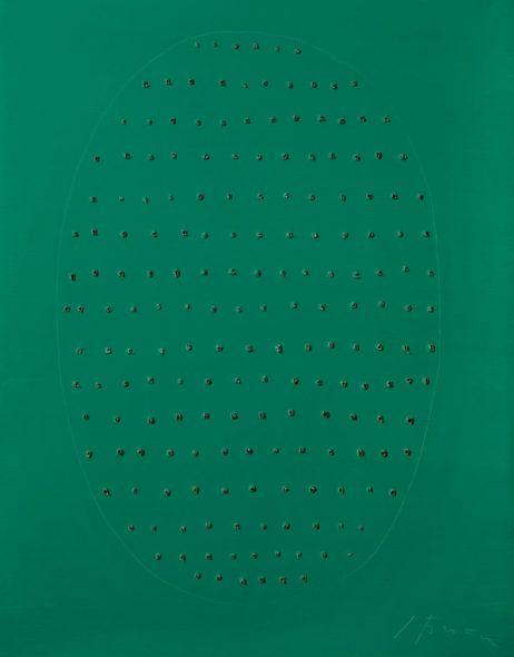 Lucio Fontana, Conceto spaziale, 1968 idropitura e graft su tela, verde, cm 93x73
