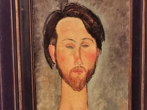 Particolare del ritratto di Zborowski, esposto nella mostra per il centenario di Modigliani a Livorno