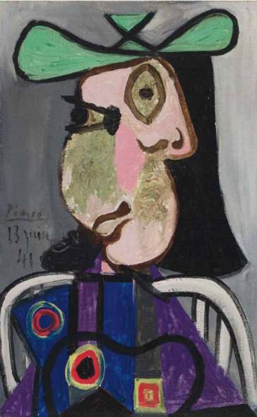 136 Pablo Picasso 1881 – 1973 Spanish Femme au chapeau oil on canvas, signed and dated 13 juin 41 and on verso dated ’41, inscribed P. Picasso / Tête / 61 x 38 (indistinct) / 5284 / No. 066 (indistinct) on the remnants of a gallery label and numbered 58 / 1660 / 41155 on the stretcher; and with the André Chenue transport label 24 × 14 7/8 in, 61 × 38 cm 