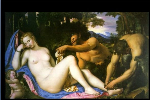 Venere e Cupido con due satiri in paesaggio, Simone Peterzano, 1570-72