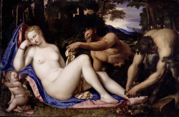 Venere e Cupido con due satiri in un paesaggio Simone Peterzano 1570 - 1573 olio su tela cm 135,2 × 206,9 